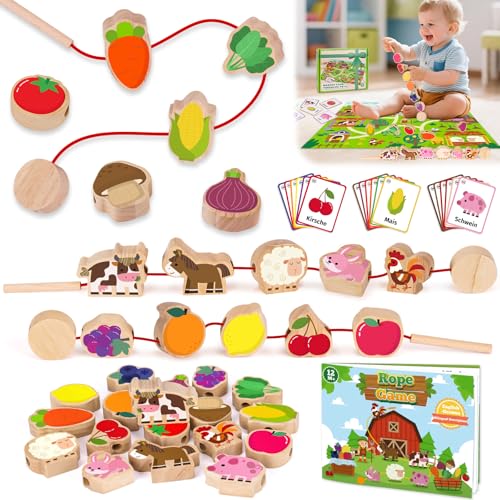 Montessori Spielzeug ab 2 1 3 Jahre: Geschenk Mädchen 1-3 Jahre Junge Fädelspiel Bauernhof Motorikspielzeug für Kinderspielzeug ab 2-3 Jahr Mädchen Holzspielzeug Lernkarten für Kleinkinder ab 2 Jahren von TMGOT