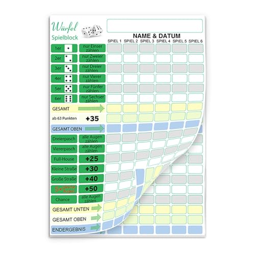 TMRBBesty Kniffelblock, Kniffel Spiel,Würfelspiele Block,A6 50 Blatt X 2 für 600 Spiele 10,5x14,8cm,für würfelspiele für Erwachsene Kinder TMRBBesty Kniffelblock, Kniffel Spiel,Würfelspiele Block,A6 50 Blatt X 2 für 600 Spiele 10,5x14,8cm,für würfelspiele für Erwachsene Kinder von TMRBBesty