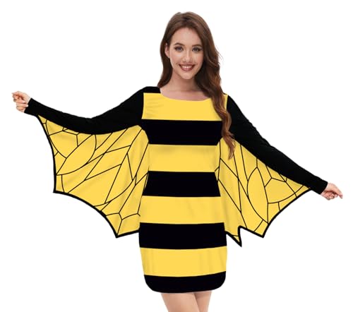 TMSD Damen Halloween Langarm Cosplay Kostüm Party Fledermausflügel Kleid Gelb - Biene XXL TMSD Damen Halloween Langarm Cosplay Kostüm Party Fledermausflügel Kleid Gelb - Biene XXL von TMSD