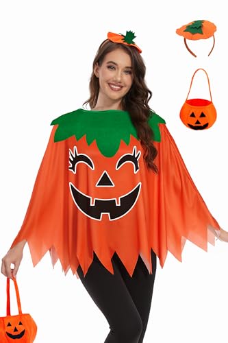TMSD Halloween-Kürbis-Poncho, leuchtet im Dunkeln, Kürbis-Kostüm für Damen, mit Stirnband und Süßigkeitentasche, 3 Stück, Y - Kürbisgesicht, A1, Einheitsgröße TMSD Halloween-Kürbis-Poncho, leuchtet im Dunkeln, Kürbis-Kostüm für Damen, mit Stirnband und Süßigkeitentasche, 3 Stück, Y - Kürbisgesicht, A1, Einheitsgröße von TMSD
