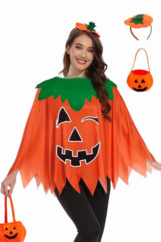 TMSD Halloween-Kürbis-Poncho, leuchtet im Dunkeln, Kürbis-Kostüm für Damen, mit Stirnband und Süßigkeitentasche, 3 Stück, Y - Kürbisgesicht, A2, Einheitsgröße TMSD Halloween-Kürbis-Poncho, leuchtet im Dunkeln, Kürbis-Kostüm für Damen, mit Stirnband und Süßigkeitentasche, 3 Stück, Y - Kürbisgesicht, A2, Einheitsgröße von TMSD