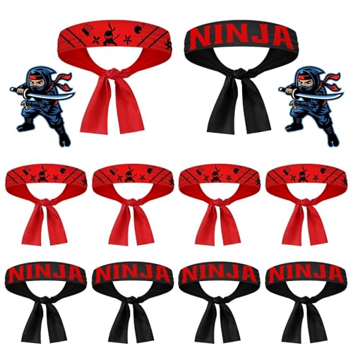 TMZELOA 10 PCS Ninjas Stirnband Set, Ninja Party Zubehör,Schwarz Rot Ninjas Party, Klassisches Ninja-Stirnband für Kinder, Ninja Kopfband Ninja Gastgeschenke für Geburtstagsparty Karate von TMZELOA