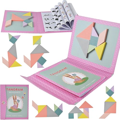 TMZELOA Magnetischer Tangram, Tangram Magnetisches Spiel aus Kinder, Montessori IQ Spiele & Lernspielzeug im Buchformat Magnetische Holz Tangram Spiele für Kinder 3+ Jahren Kinders Pädagogisches von TMZELOA