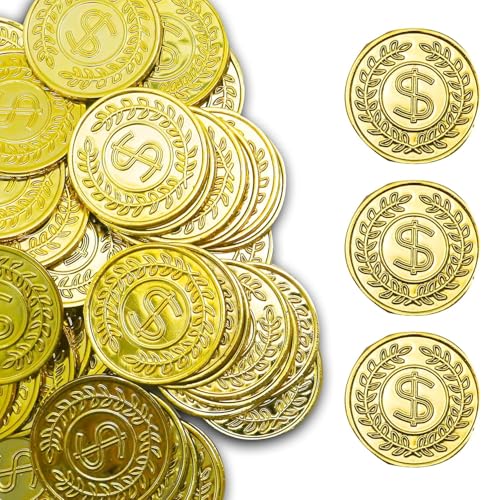 TNSLAND 100 Stück Goldmünzen Spielzeug mit Aufbewahrungsbeutel – Piratenmünzen, Goldtaler Piratenschatz Spielmünzen für Schatzsuche, Piratenparty, Kindergeburtstag, Seeräuber und Spielgeld Kinder von TNSLAND