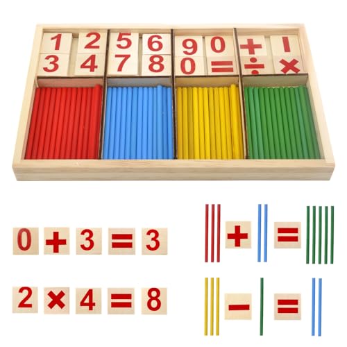 TNSLAND Montessori Mathe Spielzeug, Buntes Rechenstäbchen Holz Zahlen Mathe Spielzeug Rechenstäbchen Addition rechnen Lernen Rechenhilfe Spielzeug Spiele mit Zählstäbchen Einmaleins von TNSLAND