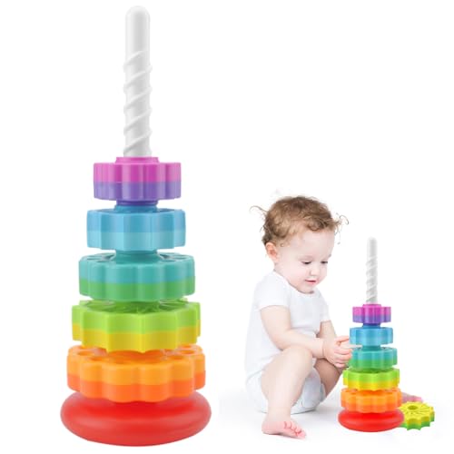 TNSLAND Regenbogen Drehturm Baby Stapelspielzeug Regenbogenturm Stapelspiele Mini Spinnendes Stapelspielzeug Regenbogen-Stapelringe sensorisches Spin-Getriebe-Stapelspielzeug von TNSLAND