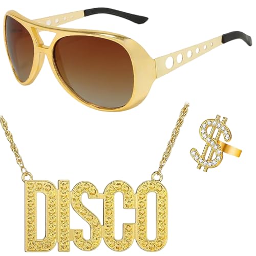 TNSOYCA 3 Stück Zuhälter Kostüm, 70er 80er 90er Hustler Rapper Hiphop Kostüm, Dollarzeichen-Ring, Brille, Disco Goldkette, Zubehör für Cosplay Halloween Fasching Karneval Thema Party von TNSOYCA