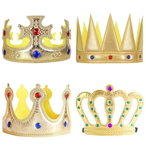 TNSOYCA 4 Stück Königskrone Hüte,Geburtstagskrone,Royal Jeweled Königskrone Hut,Crown Tiara Kostüm Zubehör für Kinder Erwachsene(Gold) von TNSOYCA