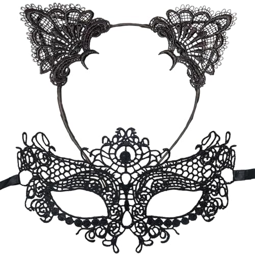 TNSOYCA Katzenohren Haarreif und Katzenmaske, Schwarze Lace Maske und Haarband mit Katzenohren, für Frauen Maskerade Masken Katzenkostüm Damen Zubehör Make Up Party Favors TNSOYCA Katzenohren Haarreif und Katzenmaske, Schwarze Lace Maske und Haarband mit Katzenohren, für Frauen Maskerade Masken Katzenkostüm Damen Zubehör Make Up Party Favors von TNSOYCA