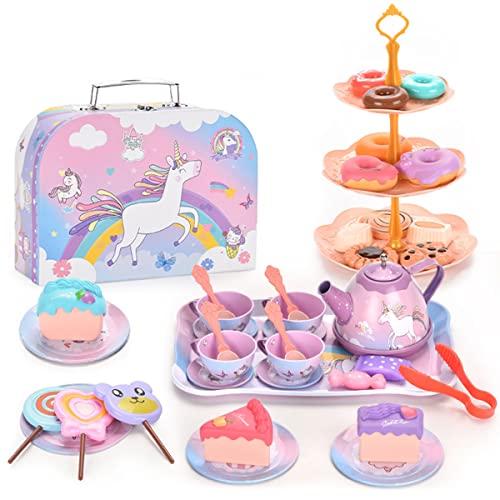 48 Stück Teeservice Spielzeug,Kunststoff-Tee-Party-Set mit Cupcake-Ständer und Lebensmittel Dessert,Wiederverwendbare Küche Spielzeug Utensilien Set,Vorgetäuschtes Rollenspiel für Alter 3+ von TNTGMG