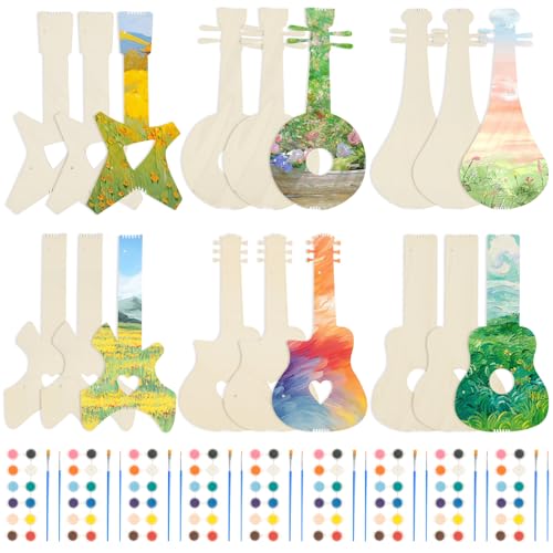 DIY Holzgitarre,18 Stück unvollendete Holzausschnitte Gitarre Handwerk mit Farben und Pinsel,30,3×14,4 cm,Mini-Gitarre Kinder Musikinstrumente Pädagogisches Lernspielzeug für Klasse,Geburtstag von TNTGMG