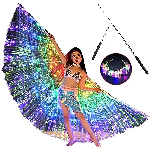LED Isis Flügel,360° Led Bauchtanz Flügel mit Stirnband,110cm Mehrfarbig leuchtende Schmetterlingsflügel für Kinder und Erwachsene,Glow Angel Dance Flügel für Karneval,Bühne,Halloween (Kinder) von TNTGMG
