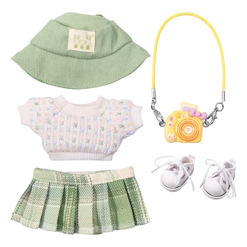 Puppenkleidung,5 Stück Plüsch Puppen Kleidung und Zubehör für 15/16 cm Puppen, Mode Outfits Set enthalten Pullover Rock Casual Hut Kamera Schuhe für Geburtstag Urlaub Geschenk Mädchen(Grün) von TNTGMG