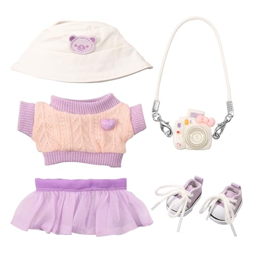 Puppenkleidung,5 Stück Plüsch Puppen Kleidung und Zubehör für 15/16 cm Puppen, Mode Outfits Set enthalten Pullover Rock Casual Hut Kamera Schuhe für Geburtstag Urlaub Geschenk Mädchen(Lila) von TNTGMG