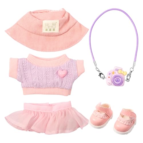 Puppenkleidung,5 Stück Plüsch Puppen Kleidung und Zubehör für 15/16 cm Puppen, Mode Outfits Set enthalten Pullover Rock Casual Hut Kamera Schuhe für Geburtstag Urlaub Geschenk Mädchen(Rosa) von TNTGMG