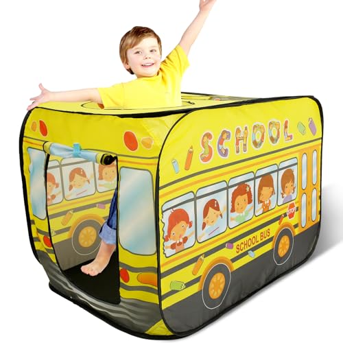 Spielzelt für Kinder,Pop-Up Spielzelt,112×75×70 cm,Schulbus geformt Zelt Spielhaus Spielzeug mit 3 Türen,Waschbar Polyester Spielset für Kinder im Alter von 1-3 Jahren alt Innen Außen von TNTGMG