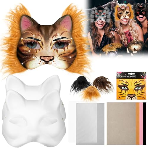 TNTGMG Katzenmaske,3 Stück Katze Maske Kit mit Fell und Auge Masche,Leere DIY Gear Stuff Masken,Bemalte Masken für Halle Masquerade Urlaub Kostümspiel Partei Karneval(Braun) von TNTGMG