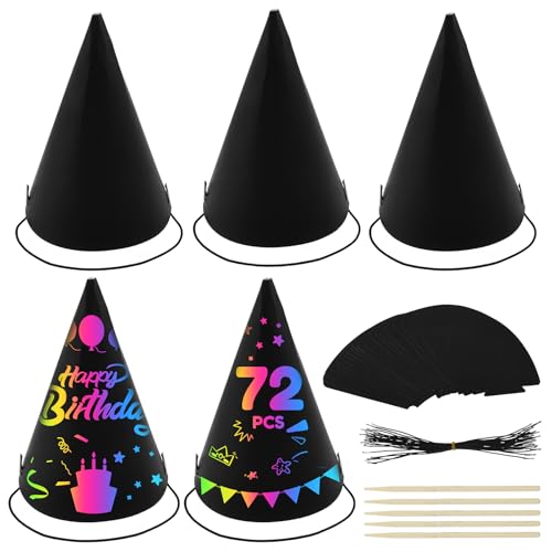 TNTGMG Party Hüte,72 PCS Regenbogen Kratzer Hüte Kit mit Elastischen Schnüren und Sticks,Bunte DIY Geburtstag Kegel Hut,Handgemachte Geburtstag Dekoration Zubehör für Kinder Baby Dusche Jungen von TNTGMG