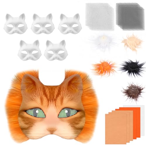 TNTGMG Therian Maske, 6 Stück DIY Papier Katzenmaske Set, Weiße Katzenmaske mit Selbstklebender Filzstofffolie, 19 × 17 cm, Handgefertigte Tiermasken für Halloween-Maskenball, Cosplay-Party(Orange) TNTGMG Therian Maske, 6 Stück DIY Papier Katzenmaske Set, Weiße Katzenmaske mit Selbstklebender Filzstofffolie, 19 × 17 cm, Handgefertigte Tiermasken für Halloween-Maskenball, Cosplay-Party(Orange) von TNTGMG