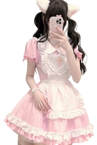 TO KU TOO YUO 5PCS Maid Outfit Lolita Maid Dress Sweet Bow Dress Set Anime Cosplay Kostüm Set Fancy Dress Kostüm für Frauen (Rosa, XL) von TO KU TOO YUO