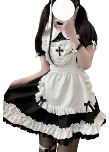 TO KU TOO YUO 5PCS Maid Outfit Lolita Maid Dress Sweet Bow Dress Set Anime Cosplay Kostüm Set Fancy Dress Kostüm für Frauen (Schwarz, XL) von TO KU TOO YUO