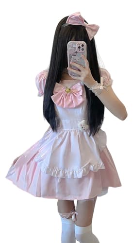 TO KU TOO YUO 8-teiliges Dienstmädchen-Outfit Lolita Dienstmädchenkleid, Spitzenkleid, Anime-Cosplay-Kostüm-Set, Faschingskostüm für Damen, Rosa, Größe S von TO KU TOO YUO