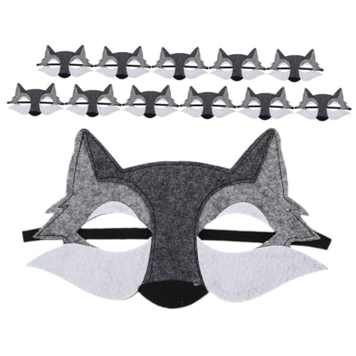 TOBBOMEY 12 Stück Teiliges Halloween Wolf Kostümset aus Grauem Filz Halbe Gesichtsmasken mit Lebensechtem Tierdesign Atmungsaktiv und Bequem für Cosplay Maskenball und Partyzubehör von TOBBOMEY