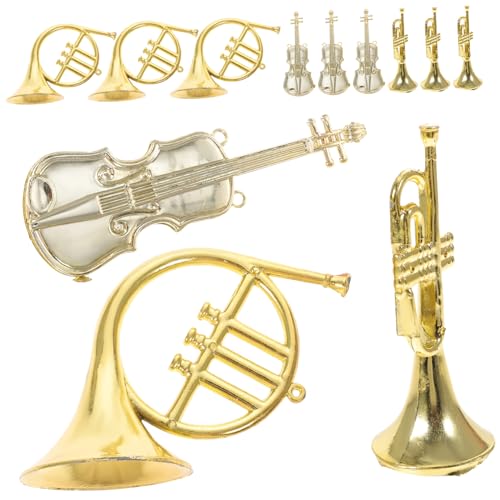 TOBBOMEY 12 Stück Teiliges Miniatur Musikinstrumente Kunststoff Weihnachtsbaum Anhänger Dekorationen mit Violine Geradem und Gebogenem Horn Leichte DIY Weihnachtsbaumschmuck für Festliche von TOBBOMEY