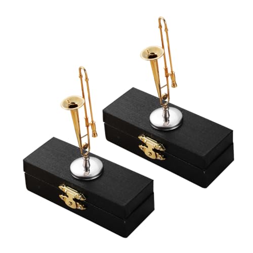 TOBBOMEY 2 Sätze Miniatur Posaune Metallmodell Goldbeschichtet Robust und Tragbar mit Schwarzem Etui und Ständer Dekoration für Puppenhäuser und Musikliebhaber von TOBBOMEY