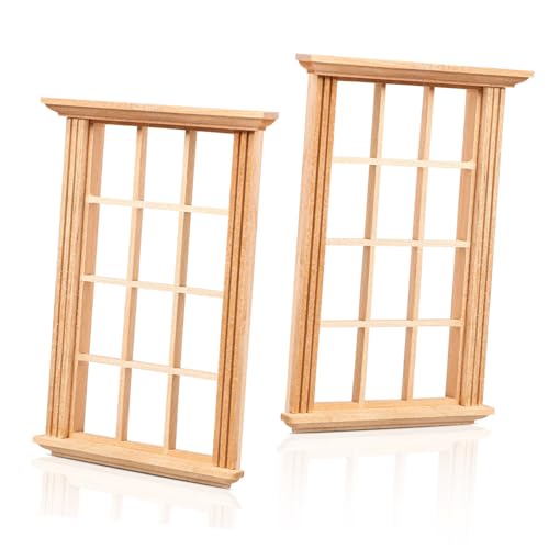 TOBBOMEY 2 Stück Miniatur Puppenhaus Fenster Holzrahmen Maßstab Detailgetreues Zwölffach Unterteiltes Modell Geeignet für Puppenhaus Dekoration und Fotorequisiten von TOBBOMEY