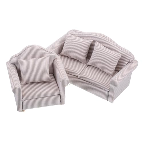 TOBBOMEY 2 Stück Realistisches Puppenhaus Sofa Teilig Miniatur Wohnzimmermöbel mit Kissen Stoffbezug Holzrahmen für Puppenstube Dekoration von TOBBOMEY