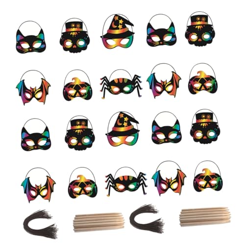 TOBBOMEY 28 Stück Teiliges DIY Kratzpapier Masken Bastelset Bunte Tier und Fledermaus Masken für Halloween Party Kreatives Bastelzubehör für Erwachsene für Kostüm und Schulfeiern von TOBBOMEY