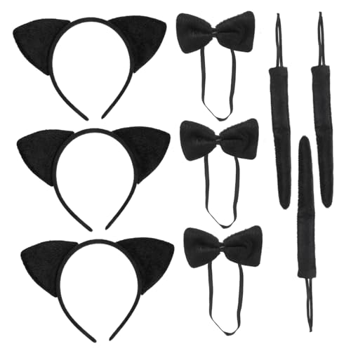 TOBBOMEY 3 Sätze Teiliges Katzenohren Kostümset Haarreif Verstellbarem und Schleife Einheitsgröße für Jungen Mädchen Bequemes Cosplay Zubehör für Halloween Karneval Party von TOBBOMEY
