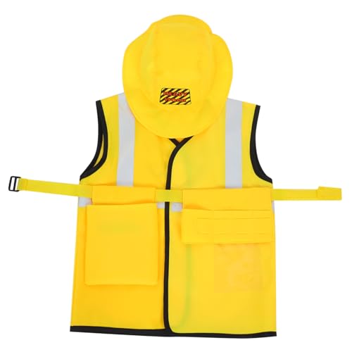 TOBBOMEY 5 Stück Teiliges Cosplay Bauarbeiter Kostüm mit Weste Gürtel Werkzeugtasche und Hut Atmungsaktiv Gelb Geeignet für Faschings Halloween und Kindergeburtstagsfeiern von TOBBOMEY