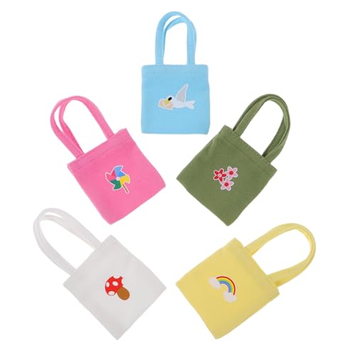 TOBBOMEY 5 Stück Teiliges Mini Canvas Handtaschen Bunt Robuste Miniatur Schultertaschen aus Segeltuch für Puppenhaus Dekoration Realistisch Gestaltete Puppen Taschen für DIY Puppenkostüme von TOBBOMEY
