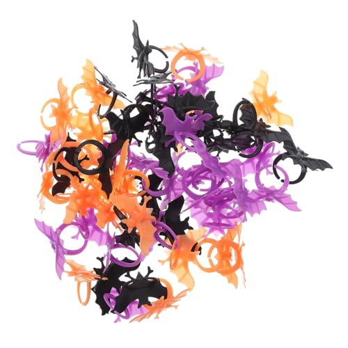 TOBBOMEY 60 Stück Teiliges Halloween Bat Finger Ring aus Umweltfreundlichem Kunststoff Glatte Kanten Leicht Anzuziehen Bunte Fledermaus Designs in Orange Schwarz und für Party Deko und von TOBBOMEY