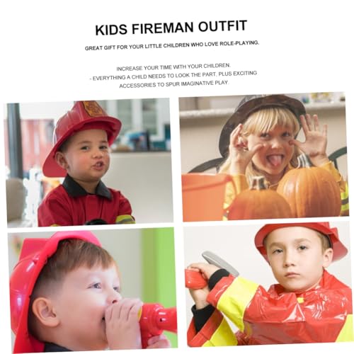 TOBBOMEY 7 Stück Teiliges Feuerwehrmann Kostüm Set Feuerwehrweste Realistische Spielzeuge Feuerwehr Helm Axt Feuerlöscher für Rollenspiel Fasching Karneval Jungen Mädchen von TOBBOMEY
