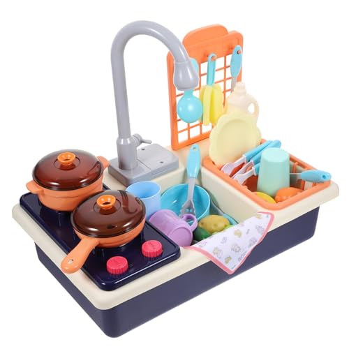 TOBBOMEY Elektrische Kinderspülmaschine mit Fließendem Wasser Waschbecken und Wasserzirkulierendes Küchenspielset für Mädchen Batterielos Kreatives Rollenspiel Blau von TOBBOMEY