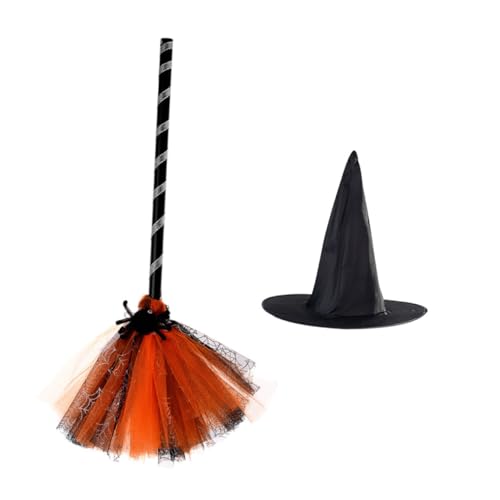 TOBBOMEY Halloween Hexenhut und Besen Dekoratives Hexenbesen Requisit Teiliges Cosplay Zubehör für Halloween Kostümparty Vielseitig Einsetzbar für Karneval und Themenveranstaltungen von TOBBOMEY
