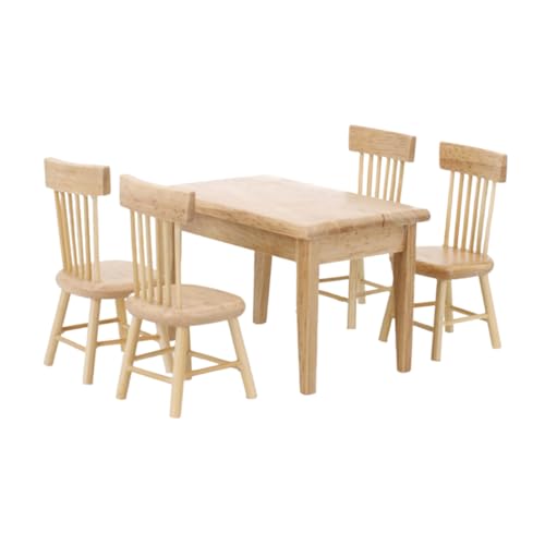 TOBBOMEY Maßstab Beige Miniatur Tisch Stuhl Set aus Eichenholz Dekoratives Kleines Hausornament für Modellbau DIY Zubehör für Miniaturmöbel Sammler von TOBBOMEY
