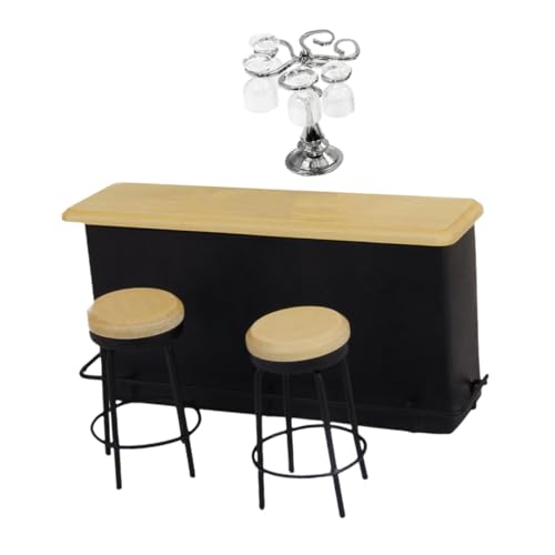 TOBBOMEY Mini Puppenhaus Bar Set mit Quadratischen Gläsern und Barhockern Silberner Becherhalter Mini Haus Dekoration für Miniatur Modell Zubehör von TOBBOMEY