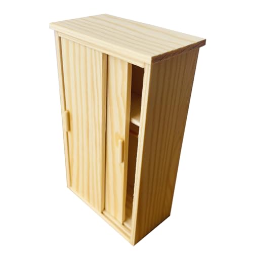 TOBBOMEY Miniatur Holz Kleiderschrank für Puppenhaus Stabiles Miniaturmöbel aus Holz Hellgelber Schlafzimmerschrank Geeignet für Puppenhaus Feengarten und Dekoration für Sammler von TOBBOMEY