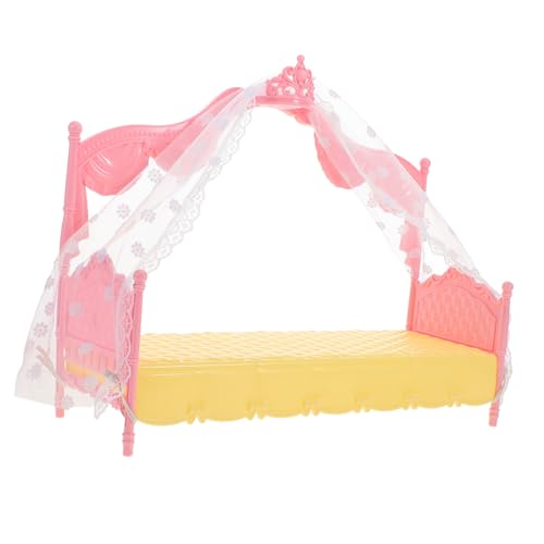 TOBBOMEY Miniatur Puppenhaus Bett mit Baldachin Prinzessin Schlafbett Modell Einfach Montierbares Puppenmöbel für Mädchen Mini Dollhouse Zubehör für Kreatives Rollenspiel von TOBBOMEY