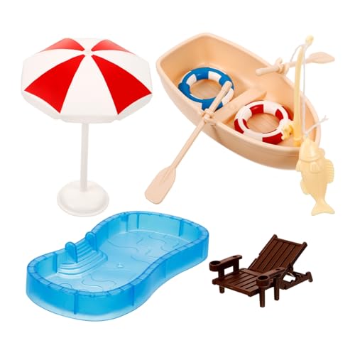 TOBBOMEY Miniatur Schwimmbad mit Boot und Mini Strandliege Puppenhaus Deko Möbel Glatte Oberfläche Vielseitig für Mini Szenerien und Fotorequisiten Lebensechte Miniatur Strandmöbel von TOBBOMEY