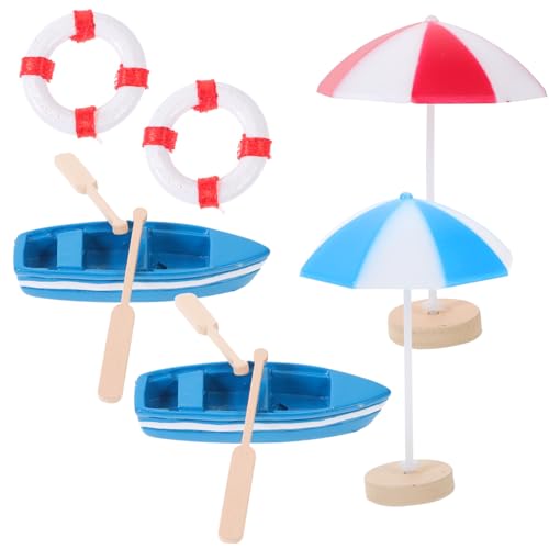 TOBBOMEY Miniatur Stranddeko mit Mini Booten Holzpaddeln Kleinem kleinen Schwimmring in Rot Blau Mini Beach Style Ornament für Puppenhaus und Mikro-Szene von TOBBOMEY