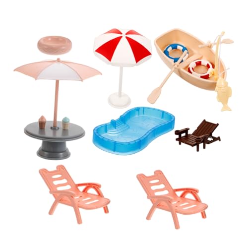 TOBBOMEY Miniatur Strandspielzeug mit Pool Schwimmring Strandstuhl Sonnenschirm und Boot Tragbares Dollhouse Zubehör für DIY Mikrolandschaft für Garten Innenräume und Familienzeit von TOBBOMEY