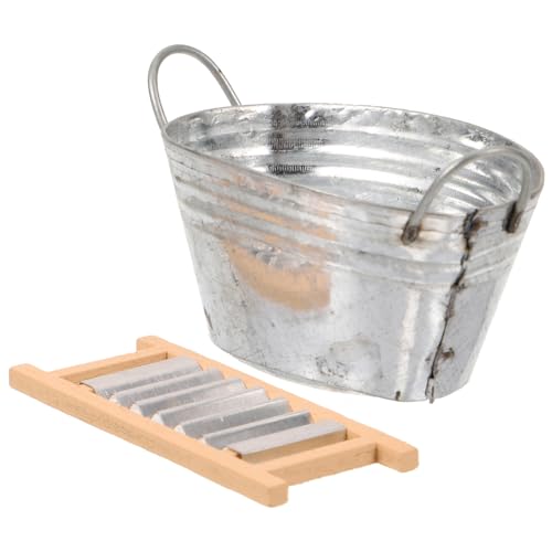 TOBBOMEY Miniatur Zinkwanne Set mit Waschbrett Stabiles Miniatur Möbel Zubehör für Puppenhaus Realistische DIY Dekoration Detailreiches Dekoratives Puppenhaus Accessoire von TOBBOMEY