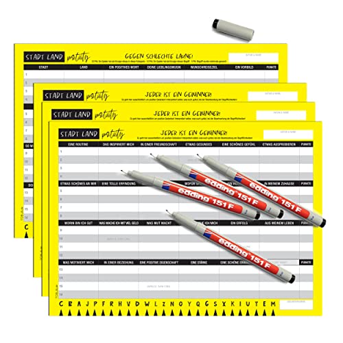TOBJA 4X Stadt Land Positivity abwischbar inkl. Stifte - Stadt Land Fluss Gesellschaftsspiel | Vier Folien-Blätter mit 24 Feldern als Familien & Partyspiel inkl. Stifte | Reisespiele ab 8 Jahre von TOBJA
