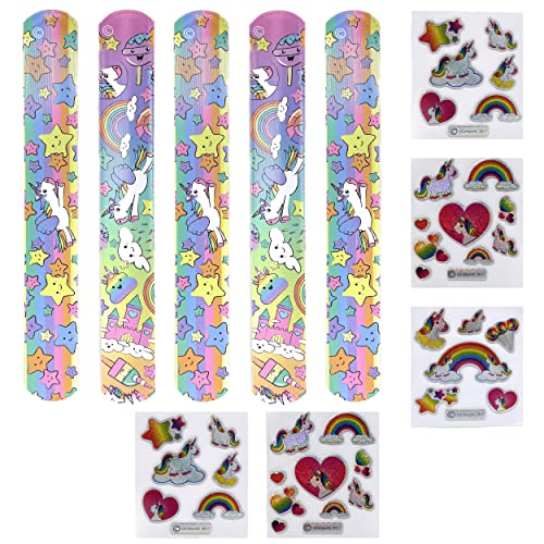 Einhorn Schnapparmband Sticker Set - Knickarmbänder und Aufkleber Unicorn 5er Set | Klatscharmband für Mädchen Kindergeburtstag Mitgebsel | Armband als Kinderparty Giveaway Gastgeschenk (5x Einhorn) von TOBJA