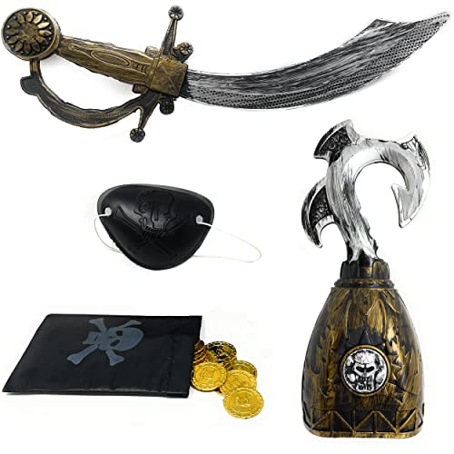 Kinder Piratenzubehör Set 5 teilig - Pirat Zubehör mit Schwert, Haken, Augenklappe, Münzen, Beutel | Für Piratenkostüm Karneval Fasching Motto Party | Piratenset Kostüm Accessoires Verkleidung H Kinder Piratenzubehör Set 5 teilig - Pirat Zubehör mit Schwert, Haken, Augenklappe, Münzen, Beutel | Für Piratenkostüm Karneval Fasching Motto Party | Piratenset Kostüm Accessoires Verkleidung H von TOBJA